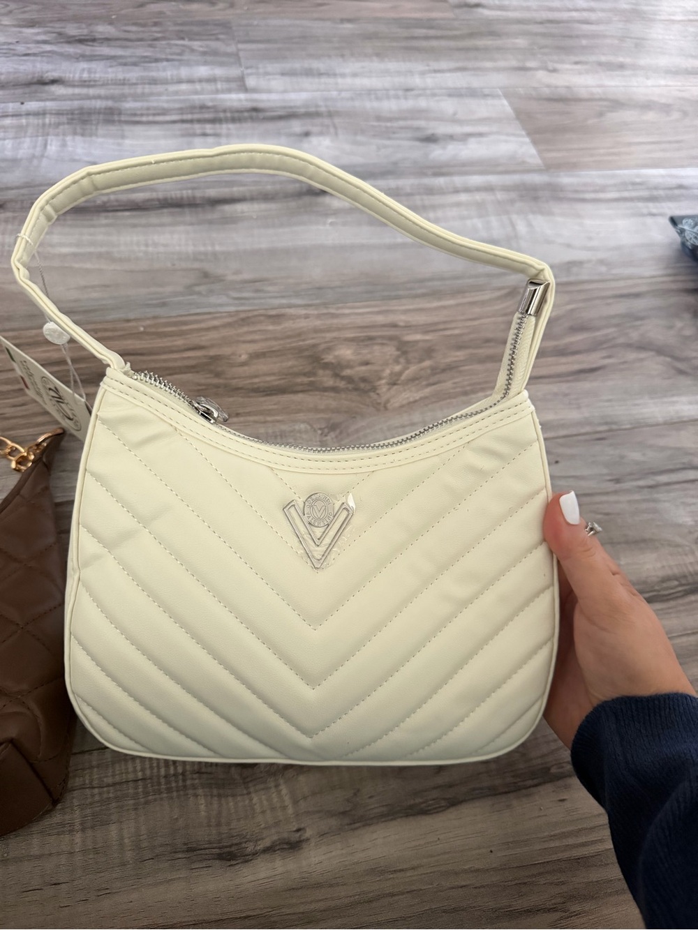 Valentino Orlandi Cream Quilted Shoulder Bag with V-Emblem